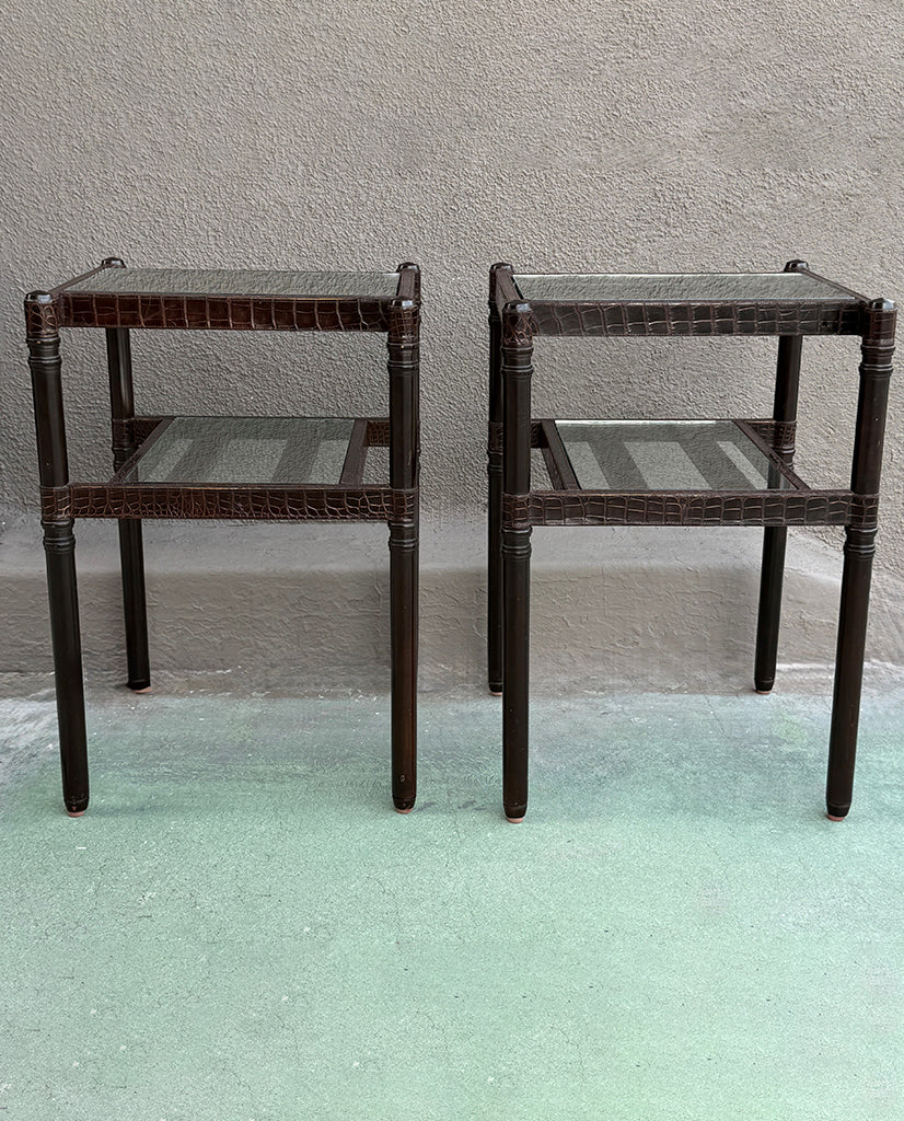 PAIR CONTEMPORARY ALLIGATOR  AND GLASS SIDE TABLES