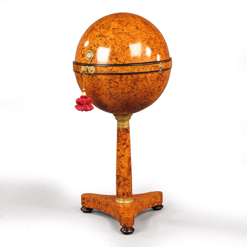 AUSTRIAN BIEDERMEIER BURLWOOD AND PART EBONIZED GLOBE WORK TABLE