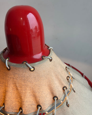 INGRID OF SWEDEN RED ALUMINUM, CANVAS, ROPE AND BEECHWOOD LAMP