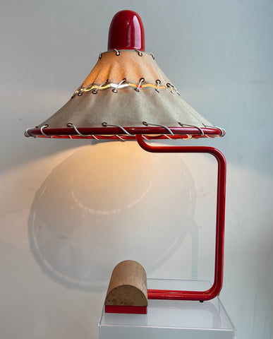 INGRID OF SWEDEN RED ALUMINUM, CANVAS, ROPE AND BEECHWOOD LAMP