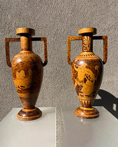 PAIR FAUX TORTOISE NEOCLASSIC  REVIVAL HARDWOOD PYROGRAPHY URNS