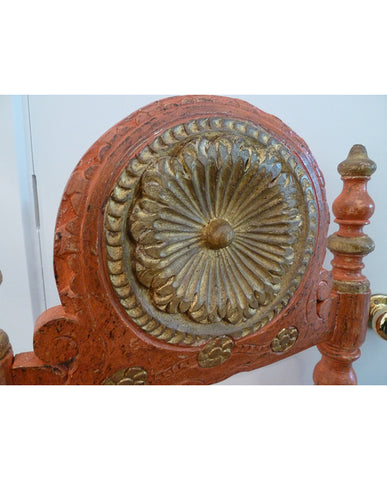 SET OF FOUR IBERIAN BAROQUE  RED PAINTED LADDERBACK CHAIRS