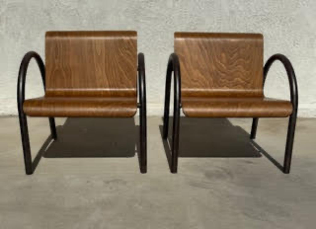 PR FRENCH MODERNE MAPLE BENTWOOD AND IRON ARMCHAIRS