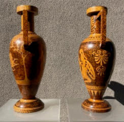 PAIR FAUX TORTOISE NEOCLASSIC  REVIVAL HARDWOOD PYROGRAPHY URNS