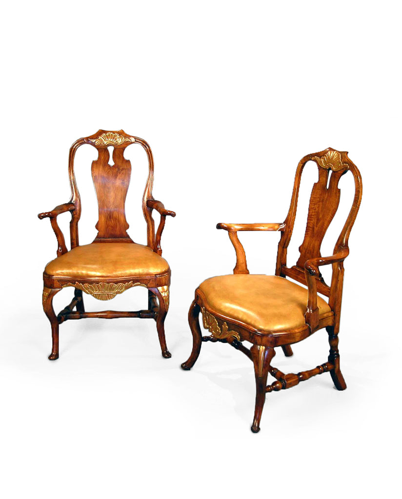 PAIR MATCHED DANISH ROCOCO  BEECHWOOD AND PARCEL-GILT ARMCHAIRS