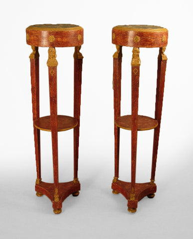 PAIR SWEDISH EMPIRE RED PAINTED AND PARCEL GILT PEDESTALS