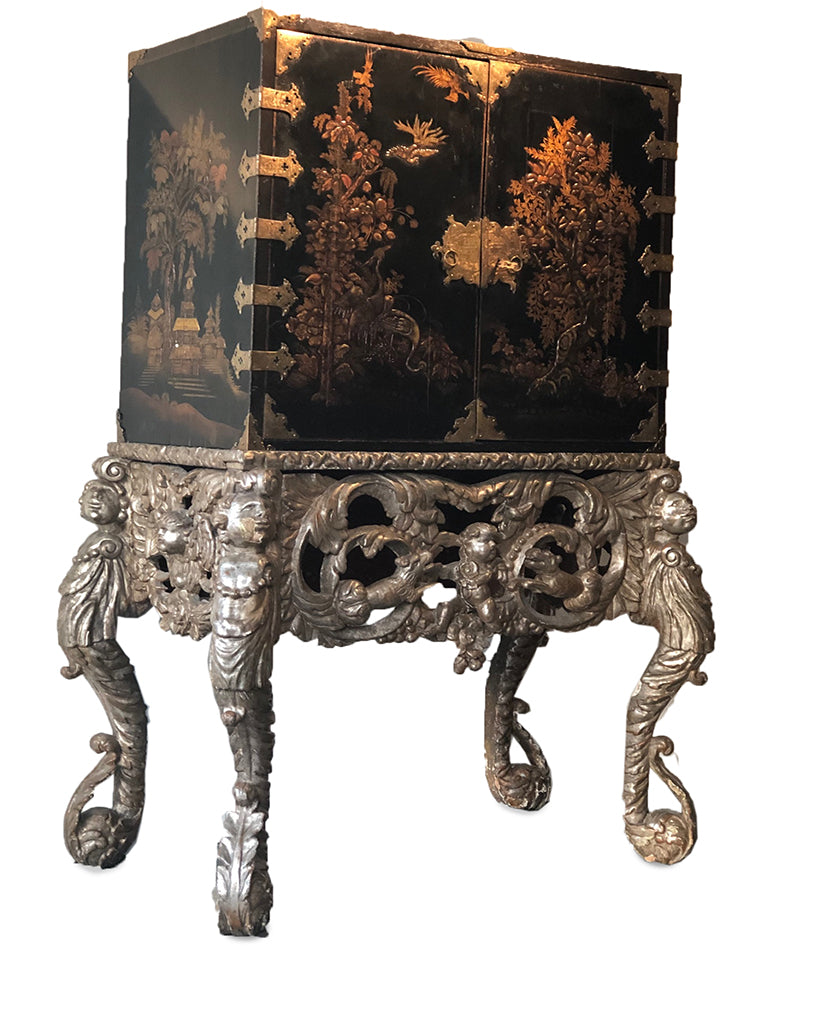JAPANESE BLACK LACQUERED CABINET ON SILVERGILT DUTCH BAROQUE STAND