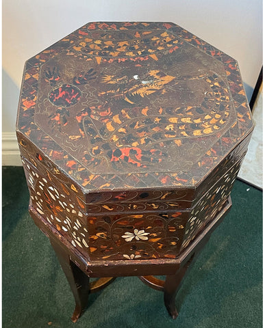 CHINESE NACREOUS, TORTOISE SHELL AND BRASS BOX ON STAND
