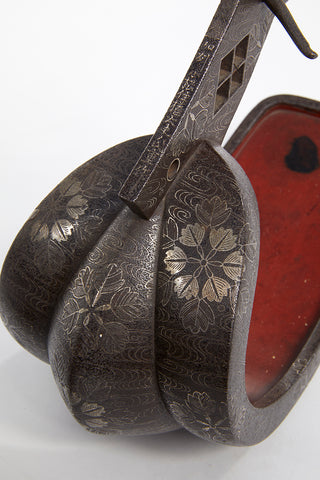 PAIR JAPANESE IRON,  LACQUER AND SILVER INLAID ABUMI