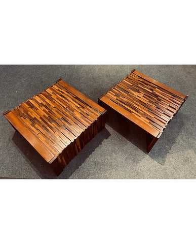 TWO PERCIVAL LAFER BRUTALIST MAHOGANY COCKTAIL TABLES
