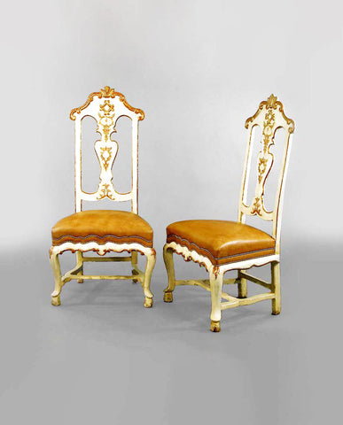 SET OF SIX SPANISH  ROCOCO  PAINTED AND PARCEL GILT SIDE CHAIRS