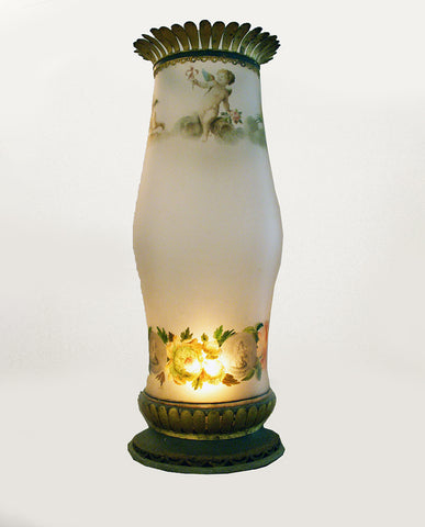 PORTUGUESE NEOCLASSIC PAINTED GLASS AND TOLE HURRICANE LANTERN