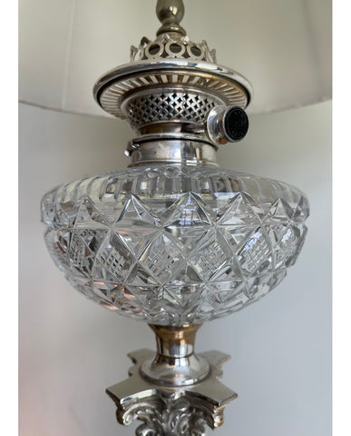 SAMUAL S. MESSENGER & SONS SILVER PLATE AND CUT CRYSTAL OIL LAMP