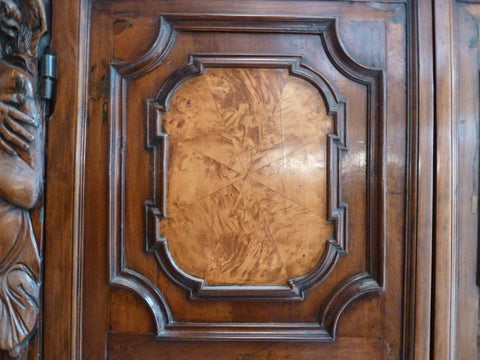 ITALIAN BAROQUE WALNUT AND OLIVE WOOD ARMOIRE